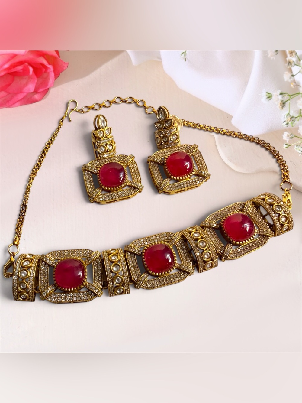 Gold-Plated Necklace & Earring Set with Red Cabochon Stones